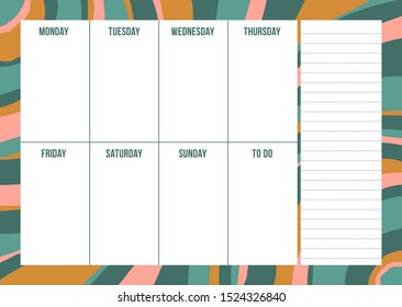 Abstract fun weekly planning template with notes on hand draw striped liquid background. Trendy organizer design for daily target. Vector illustration