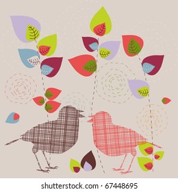 Abstract funky birds and bright trees