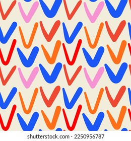 Abstract funky check mark seamless pattern. Colorful hand drawn background for kids bedding, fabric, wallpaper, wrapping paper, textile, t-shirt print