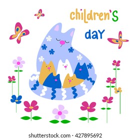 Abstract Funky Concept Cackground for Happy Children's Day . Beautiful design greeting card for happy children's day.Cute cat with kittens  . 