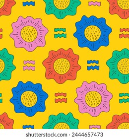 Abstrakte funky Blüten nahtlose Muster mit lebendigen Farben. Groovy Sommer. Blumenhintergrund mit handgezeichneten wellenförmigen Blüten im Retro-Stil. Helle farbenfrohe Repeat-Vektorillustration