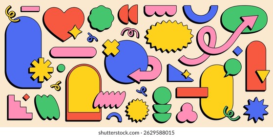 Abstract funky frames, playful blank stickers in various shapes. Colorful retro groovy labels, bold cartoon zig zag edge geometric forms, dynamic arrow pointers, empty comic style badges vector set