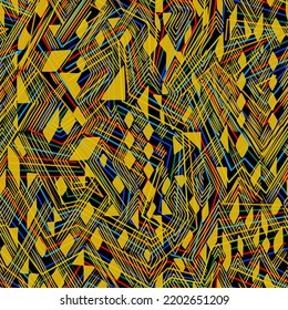 Abstract funky geometric seamless pattern with zig zag crossed lines. Broken stripes with scattered triangles and rhombuses. Digital, mosaic and urban style background. Maze swatch design.