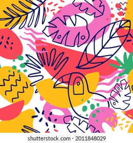 Abstract funky leaves and fruits summer tropical pattern. Hipster trendy style texture. Seamless vector flat pattern.