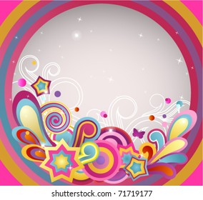 Abstract funky retro background with multicolored elements and scrolls.