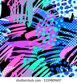 Abstract funky t-shirtl seamless rough grunge print, modern seamless design template. Hipster trendy painted style texture, poster with different doodle elements.Urban bright youth textiles sample