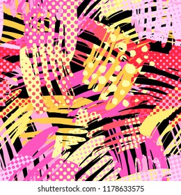 Abstract funky t-shirtl seamless rough grunge print, modern seamless design template. Hipster trendy painted style texture, poster with different doodle elements.Urban bright youth textiles sample