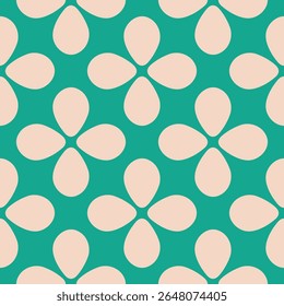 Abstract funky vector seamless pattern. Simple floral ornament with bold flower silhouettes, leaves. Turquoise and beige color texture. Retro nostalgic old-fashioned groovy background. Repeat design
