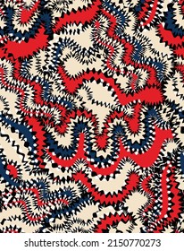 Resumen Olas divertidas Zigzag Camuflage Patrón sin inconvenientes Colores de moda Perfecto para Allover Fabric Imprimir tonos de la Marina de color Rojo