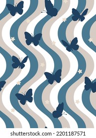 Abstract Funky Wavy Stripes Butterfly Silhouettes Stars Retro Minimalist Geometric Simple Pattern Trendy Fashion Colors Perfect for Allover Fabric Print or Wrapping Paper Indigo Blue Gray Navy Tones