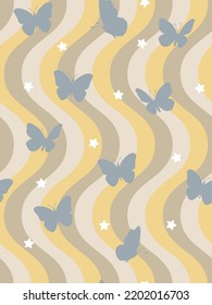 Abstract Funky Wavy Stripes Butterfly Silhouettes Stars Retro Minimalist Geometric Simple Pattern Trendy Fashion Colors Perfect for Allover Fabric Print or Wrapping Paper Pastel Yellow Gray Tones