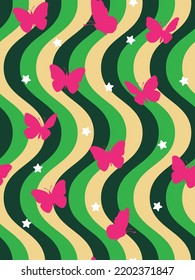 Abstract Funky Wavy Stripes Butterfly Silhouettes Stars Retro Minimalist Geometric Simple Pattern Trendy Fashion Colors Perfect for Allover Fabric Print or Wrapping Paper Green Fuchsia Tones