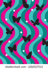 Abstract Funky Wavy Stripes Butterfly Silhouettes Stars Retro Minimalist Geometric Simple Pattern Trendy Fashion Colors Perfect for Allover Fabric Print or Wrapping Paper Tiffany Blue Fuchsia Tones