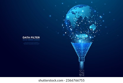 Abstract funnel with data flow and globe Earth on dark blue technology background. Global network metaphor. Big data concept. Low poly wireframe vector illustration in futuristic hologram style.