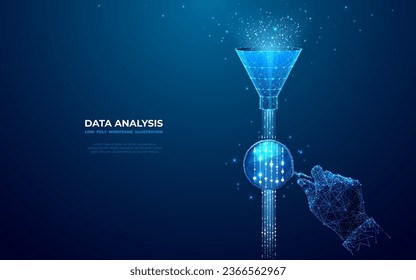 Abstract funnel with data stream and hand with magnifying on dark blue background. Data analysis concept. Digital internet wave or flow. Low poly wireframe vector illustration in a futuristic style.