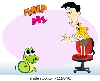 abstract funny background with man stand on chair and snake