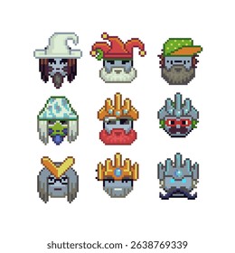 Abstract funny bearded man face in hat happy pixel art icon set, cheerful cartoon character. 8-bit flat style. Isolated abstract vector illustration.