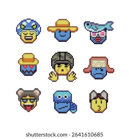 Abstract funny bearded man face in hat happy pixel art icon set, cheerful cartoon character. 8-bit flat style. Isolated abstract vector illustration.