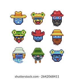 Abstract funny bearded man face in hat happy pixel art icon set, cheerful cartoon character. 8-bit flat style. Isolated abstract vector illustration.