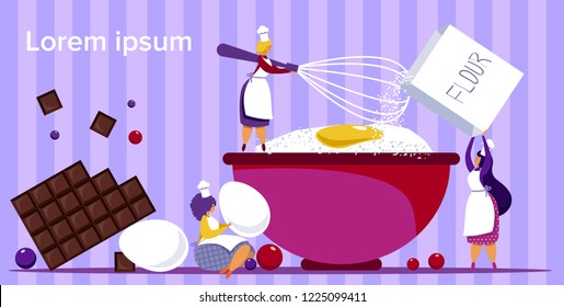 Abstract funny cartoon cooking time illustration with pretty woman chef in white aprons preparing cookies. Cake ingredients for cupcake classes poster or recipe planning in vector.