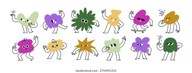 Abstract funny characters set. Cartoon shapes with happy smiling faces, comic emoji. Cute doodle blobs, funky figures with emotions, expressions. Flat vector illustration isolated on white background