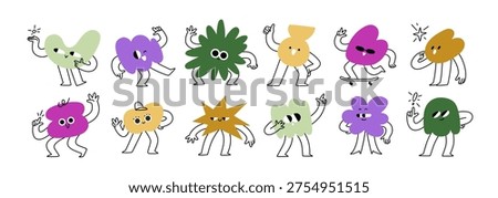 Abstract funny characters set. Cartoon shapes with happy smiling faces, comic emoji. Cute doodle blobs, funky figures with emotions, expressions. Flat vector illustration isolated on white background