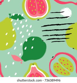 Abstract funny colorful guava seamless pattern. Hand drawn brush grunge exotic fruit background.