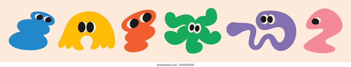 Abstract  funny comic cool shapes with eyes, frame, textbox in trendy retro Groovy, Y2K style, Vintage. Colored isolated on white background label, sticker, elements. Flat Vector Illustration EPS10