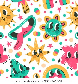 Abstract funny comic emoji characters seamless pattern. Comic doodle cute characters cartoon vector background illustration. Hand drawn comic mascots pattern