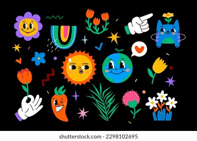 Abstract funny cute characters and elements from comics. A large set of colorful vector isolated illustrations. Cartoon style.  Poster cards and logo templates. Nature rainbows flowers and funky icons