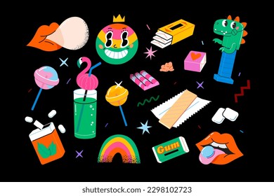 Abstract funny cute characters and elements from comics. Large set of colorful vector isolated illustrations. Cartoon style.  Poster cards and logo templates. Sugar intoxication and gums