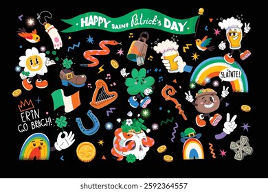 Abstract funny cute characters and elements from comics. A large set of colorful vector isolated illustrations. Cartoon style.  Irish party and st Patrick day characters. Lucky charm and t-shirt print