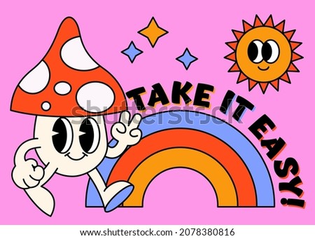 Abstract funny cute comic character mushroom fly agaric. Retro, cartoon, vintage style. 60s, 70s, 80s. Groovy background. Greeting сard, poster. Hand drawn trendy vector illustration. Take it easy.