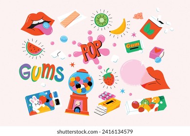 Abstract funny cute gums and bubbles elements in comic style on light back. A large set of colorful vector isolated illustrations. Cartoon style.  Poster cards templates. Sugar sweet gum party.