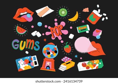 Abstract funny cute gums and bubbles elements in comic style on dark back. A large set of colorful vector isolated illustrations. Cartoon style.  Poster cards templates. Sugar sweet gum party.