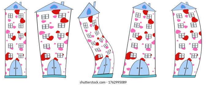 Abstract funny dancing curved houses from a pattern of hearts with windows and a door. Vector graphics on a white background.
