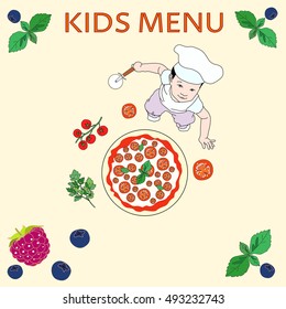 Abstract funny design children's food, text kids menu, a little baby chef preparing a pizza, background decorated with a pattern of tomato, raspberry 
blueberries and basil, vector color prints