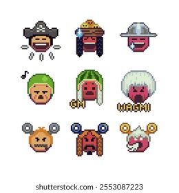 Abstract funny face happy pixel art icon set, cheerful cartoon character. 8-bit flat style. Isolated abstract vector illustration.