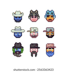 Abstract funny face happy pixel art icon set, cheerful cartoon character. 8-bit flat style. Isolated abstract vector illustration.	