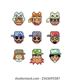 Abstract funny face happy pixel art icon set, cheerful cartoon character. 8-bit flat style. Isolated abstract vector illustration.