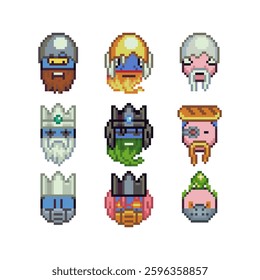 Abstract funny face happy pixel art icon set, cheerful cartoon character. 8-bit flat style. Isolated abstract vector illustration.