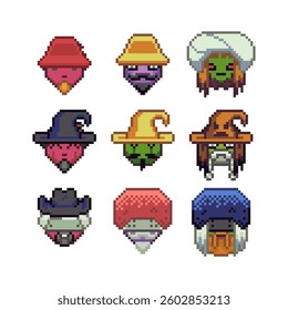 Abstract funny face in hat happy pixel art icon set, cheerful cartoon character. 8-bit flat style. Isolated abstract vector illustration.