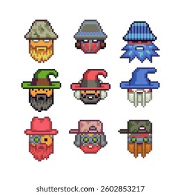 Abstract funny face in hat happy pixel art icon set, cheerful cartoon character. 8-bit flat style. Isolated abstract vector illustration.