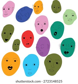 Vector de caras divertidas Abstractas, personajes dibujados a mano coloridos, ilustración linda de las cabezas del garabato de la expresión