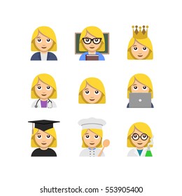 Abstract funny flat design people emoticon set. Simple style woman illustration collection