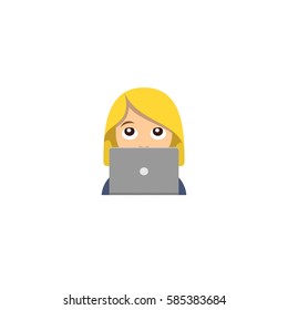 Abstract funny flat design woman working on a laptop computer emoticon illustration