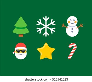 Abstract funny flat style christmas snowman, snowflake, christmas tree, star, candy, santa claus emoji emoticon icon set