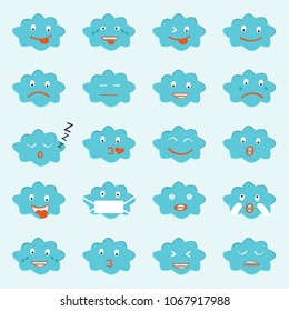 Abstract funny flat style emoji emoticon icon set, blue cloud
