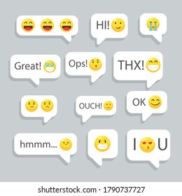 Abstract funny flat style emoji emoticon icon sticker with text. vector illustration.