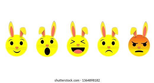 Abstract funny flat style rabbit emoticon reactions color icon set. Social smile expression collection